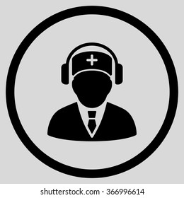 Medical Call Center vector icon. Style is flat circled symbol, black color, rounded angles, light gray background.