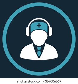 Medical Call Center vector icon. Style is bicolor flat circled symbol, blue and white colors, rounded angles, dark blue background.