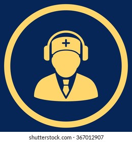 Medical Call Center vector icon. Style is flat circled symbol, yellow color, rounded angles, blue background.