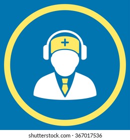 Medical Call Center vector icon. Style is bicolor flat circled symbol, yellow and white colors, rounded angles, blue background.