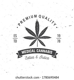 Medical Cannabis Badge, Label With Cannabis Leaf And Ribbon. Vector. Vintage Typography Logo Design With Cannabis Leaf And Ribbon Silhouette For Weed Shop, Cannabis, Marijuana Delivery Service