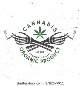 Medical Cannabis Badge, Label With Skeleton Hand, Smoking Marijuana. Vector. Vintage Typography Logo Design With Cannabis, Skeleton Hand Silhouette For Weed Shop, Cannabis, Marijuana Delivery Service