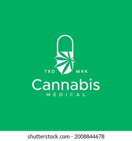 Medical Cannabis Capsule  Logo Emblems Label Design Vector Template illustration. Tablet Medicine Pill Leaves Marijuan hemp weed Logo health Icon 