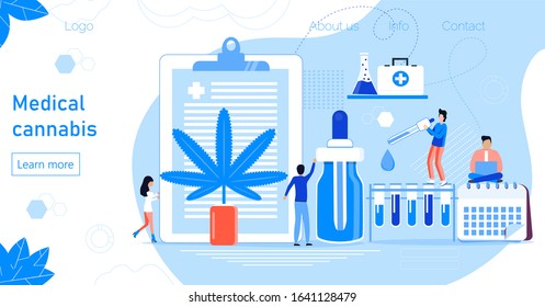 Medical cannabis concept vector. Tiny doctors show advantages of medical marijuana, cannabinoids medicinal drugs. Bottle with cbd oil. Health care homepage, template for website.