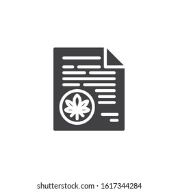 Medical cannabis document vector icon. filled flat sign for mobile concept and web design. Document with marijuana leaf glyph icon. Symbol, logo illustration. Vector graphics