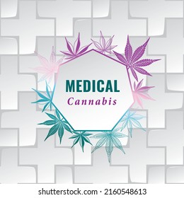 Medical Cannabis Heptagon Shape Concept With Marijuana Leaves Composition And Logo Lettering Over Repeating Medical Cross Backdrop - Purple And Turquoise On White Background - Vector Hand Drawn Design