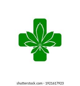 Medical Cannabis Icon. Marijuana Leaf With Green Cross. Vector Illustration.