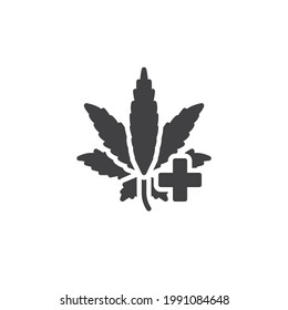 Icono del vector de hoja de cannabis médico. signo plano relleno para concepto móvil y diseño web. Hojas de marihuana e ícono de cruz médica. Símbolo, ilustración del logotipo. Gráficos vectoriales