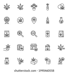 Medical cannabis line icons set. linear style symbols collection, outline signs pack. Cannabis related vector graphics. Set includes icons as CBD cannabidiol, smoking marijuana joint, hemp oil, leaf