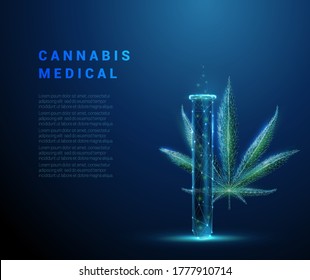 Medical Cannabis. Marihuana Leaf And Tube. Biotechnology Concept. Low Poly Style Design. Abstract Blue Geometric Background. Wireframe Light Connection Structure. Isolated Vector Illustration.