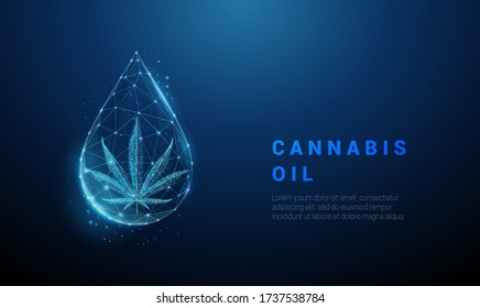 Medical Cannabis Oil. Marihuana Leaf In Oil Drop. Blue Low Poly Style Design. Abstract Geometric Background. Wireframe Light Connection Structure Modern 3d Graphic Concept Isolated Vector Illustration