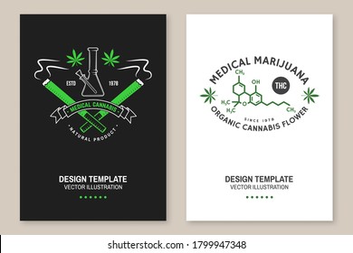 Medical Cannabis Poster, Flyer, Template With Cannabis Leaf, Glass Bong. Vector. Typography Logo Design With Cannabis Leaf, Glass Bong Silhouette For Weed Shop, Cannabis, Marijuana Delivery Service