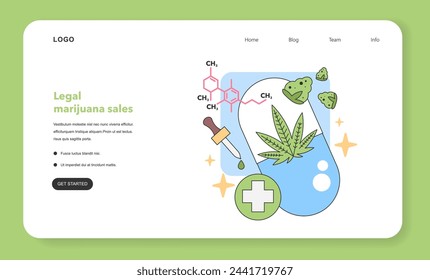 Concepto de investigación médica de cannabis. Fórmula química con cuentagotas, hoja de cannabis y gominolas. Aplicaciones terapéuticas. Ilustración vectorial plana.