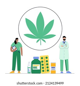 Medical Cannabis Store Concept. Marijuana Plant As Medicine, Prescription For Legal Drugs. Bottle With Organic Weed Oil, Treatment Concept. Remedy For Cancer And Diseases Flat Vector Illustration