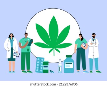 Medical Cannabis Store. Doctors Cartoon Characters. Marijuana As Medicine, Prescription For Legal Drugs. Bottle With Weed Oil, Treatment Concept. Remedy For Cancer And Diseases Vector Illustration