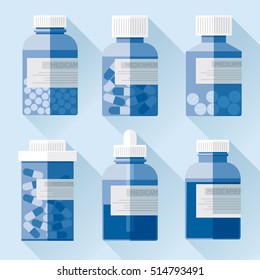 Medical cans with drugs in flat style, pill and glass bottle on color background. Vector design pharmaceutical objects set 