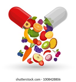 Medical capsule with fruit and vegetables. Vitamins and supplements. Different fruit in capsule. Flat style, vector illustration.