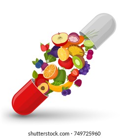 Medical capsule with fruit and vegetables. Vitamins and supplements. Different fruit in capsule. Flat style, vector illustration.