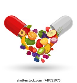 Medical capsule with fruit and vegetables. Vitamins and supplements. Different fruit in capsule. Flat style, vector illustration.