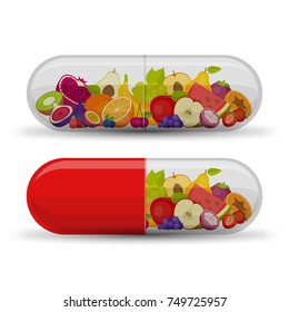 Medical capsule with fruit. Vitamins and supplements. Different fruit in capsule. Flat style, vector illustration.