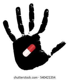The medical capsule on a black print of a hand. Vector illustration