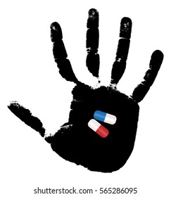 The medical capsule on a black print of a hand. Vector illustration