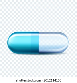 Medical Capsule Pill Disease Treatment Vector. Pharmaceutical Transparent Medicine Capsule With Antibiotic Or Aspirin. Pharmacy Pain Killer Healthcare Drug Template Realistic 3d Illustration