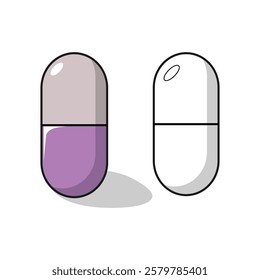 Medical capsule and pill icons. Outline, line, and filled vector designs. Healthcare and pharmacy symbols. Logo and illustration