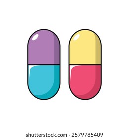 Medical capsule and pill icons. Outline, line, and filled vector designs. Healthcare and pharmacy symbols. Logo and illustration