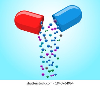 Medical capsule pill open with falling out colorful molecules. Medicine drug vitamin improve health concept. Red and blue pharmaceutical antibiotic halves with particles vector illustration