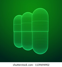 Medical capsule pill wireframe low poly mesh object. Vector illustration