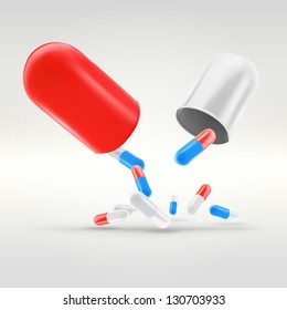 Medical capsule in two white and red glossy pieces with smaller drug pills inside, eps10 vector illustration