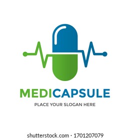 Plantilla de logotipo vectorial de cápsula médica. Este diseño utiliza el símbolo de la cápsula y el pulso. Adecuado para la salud.