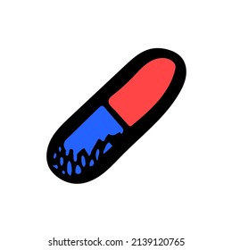 Medical capsule vector sketch icon. Red and blue pill hand drawn symbol. Choose your side