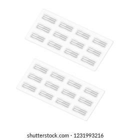Medical capsules in blister pack isolated on white background. Pills packaging. Realistic vector mockup.