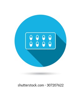 Medical capsules icon. Medicine drugs sign. Blue flat circle button with shadow. Vector