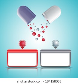 Medical capsules. Two type of granules. Medicinal agent. Description of the preparation. Prophylaxis. Vector illustration