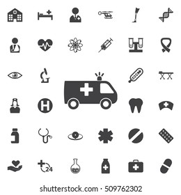 Medical car icon collection related to service, health care, pharmacy business, drugstore, science. Vector style: flat gray symbols, rounded angles, white background. svg