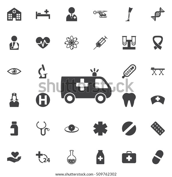 Medical car icon\
collection related to service, health care, pharmacy business,\
drugstore, science. Vector style: flat gray symbols, rounded\
angles, white\
background.