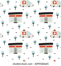 Medizinisches Auto nahtloses Muster. Handgezeichnetes Krankenwagen, städtischer Nottransport, kindische Cartoon-Sammlung. Dekortextilien, Tapeten aus Wickelpapier, Vektordruck oder Gewebe