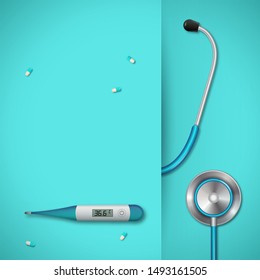 Medical card with blank space for your copy. Healthcare banner with medical tools on blue background. Good for medicine, health, cross and decoration for poster, social media, web, cover.