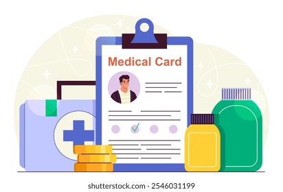 Conceito de cartão médico. Área de transferência com informações do paciente perto de pílulas e medicamentos. Saúde e medicina, Dianose e tratamento. Ilustração de vetor plano isolada no plano de fundo branco