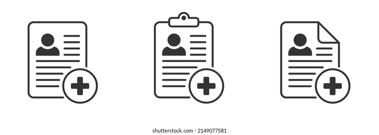 Medical card icon. Insurance card. Medical record, diagnosis. Add file. Profile symbol. Document. Vector illustration.