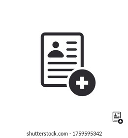 Medical card. Medical insurance. Medical record. Medical diagnosis. Add file. Profile icon. Document icon. Paper icon. Id card. Avatar icon. Personal document. Identification card. Application form. 