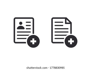 Medical card. Medical insurance. Medical record. Medical diagnosis. Add file. Profile icon. Document icon. Paper icon. Id card. Avatar icon. Personal document. Identification card. Application form. 
