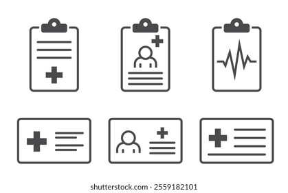 Medical card line icon set. Patient document and patient report card. Isolated vector images in simple style