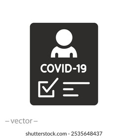 cartão médico ou passaporte para viagem no tempo pandemia, ícone de passaporte de vacina, certificado de vacinação contra a covid-19 com marca de verificação, símbolo plano sobre fundo branco