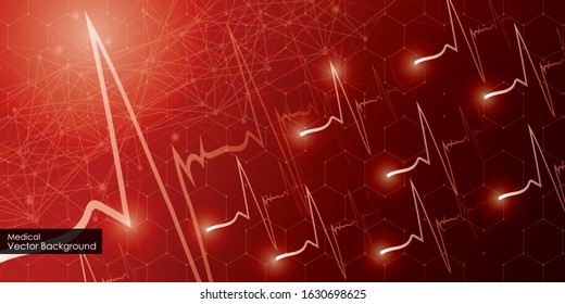 Medical cardio template with cardiogram in digital style on dark red background