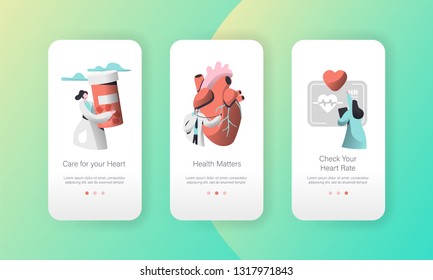 Medical Cardiology Worker Care Heart Health Mobile App Page Onboard Screen Set. Pill For Treatment. Emergency Help First Aid Or Healthcare Concept For Website. Flat Cartoon Vector Illustration