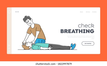 Medical Cardiopulmonary Resuscitation Landing Page Template. Character First Aid to Victim Lying on Floor. Man Lift Chin to Patient for Check Breathing, Nursing. Linear People Vector Illustration